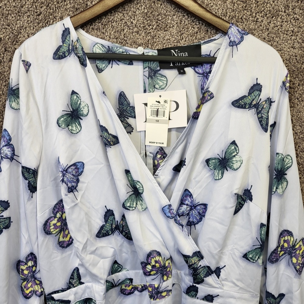Nina Parker Romper Womens 1X Blue New Butterfly Print Wrap Front Long Sleeve - Picture 3 of 14